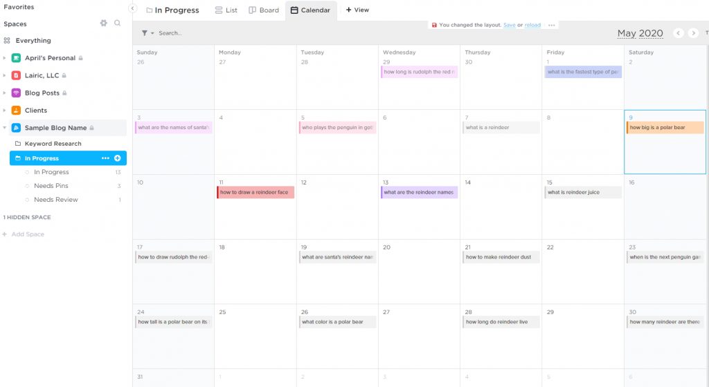 clickup content calendar colors