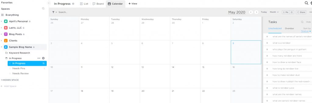 scheduling blog content using clickup