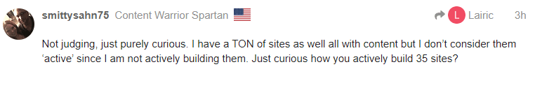 Screenshot of Project24 reader question that says: "Nod judging, just purely curious. I have a TON of sites as well all with content but I don't consider them "active" since I am not actively building them. Just curious, how do you actively build 35 sites?