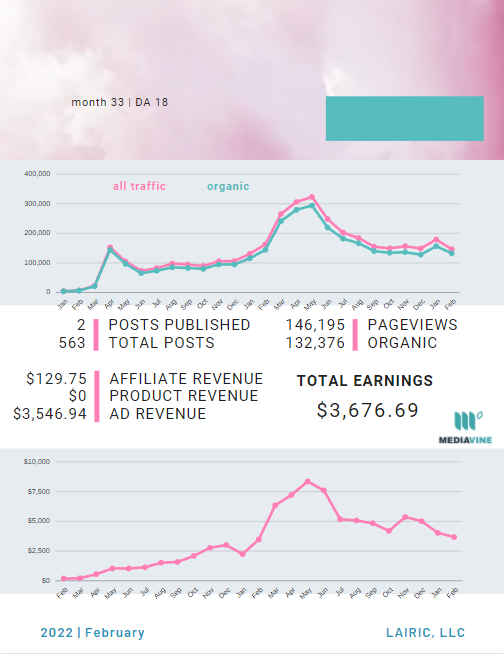 screenshot of a page out of my income report for a single site showing two line graphs, one for traffic and one for income as well as data on the number of posts published, earnings, total posts, etc. Identifying details for the site have been removed.